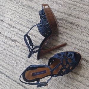 SUPER CLEAN Ralph Lauren Purple Label Blue Woven Heels Sz 7.5 T-Strap Platform